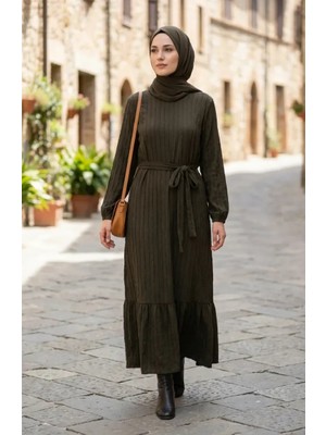 Büzgülü Dokulu Kuşaklı Elbise 2242-03 Haki