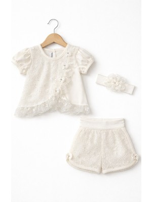 Kardeşler Bebe Kız Bebek Dantelli Şortlu Takım & Saç Bandı – 3’lü Pembe