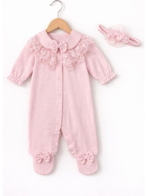 Kardeşler Bebe Fiyonk ve Dantel Detaylı Çıkarılabilir Yaka Kız Bebek Patikli Tulum + Saç Bandı