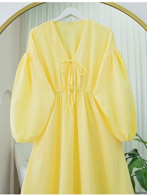Modamorfo Yakası Bağlamalı Kolu ve Beli Lastikli Müslin Elbise -Sarı
