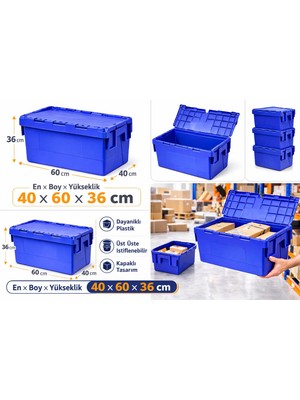 Aslan Plastik Palet 6lı 40*60*36 cm  Mavi Menteşe Kapaklı Plastik Kasa