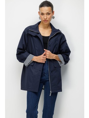 Ekol Kadın Kapak Cepli Dik Yaka Trençkot 7042 Lacivert