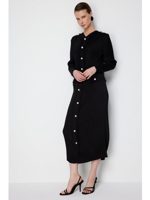 Ekol Kadın Süs Düğmeli Akordiyon Kumaş Midi Etek 2408 Siyah