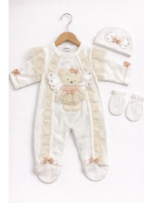 Kardeşler Bebe Kadife Kız Bebek Dantelli Fiyonklu 3’lü Tulum Seti