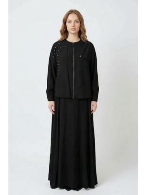 Ceremony Önden Fermuarlı Boncuk Detaylı Yarasa Kol Bolerolu Elbise Takım 940 Siyah