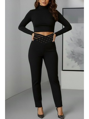 Civetta Kadın Yüksek Bel Çapraz Şerit Detaylı Ithal Krep Pantolon