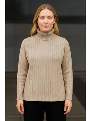 Civetta Balıkcı Yaka Bağazlı Triko Kazak Pamuklu Kalın Fitilli Dokuma - Bej