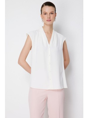 Ekol Kadın Yakası Drapeli Kolsuz Şifon Bluz 2008 Ekru