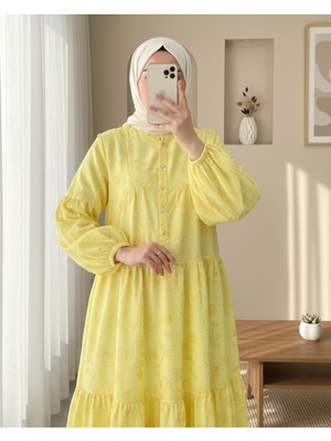 Modamorfo Kolu Lastikli Yarım Düğmeli Jakar Baskılı Parçalı Elbise -Sarı