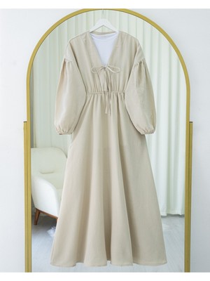Modamorfo Yakası Bağlamalı Kolu ve Beli Lastikli Müslin Elbise -Taş