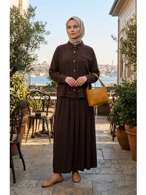 Boydan Düğmeli Beli Bağcıklı Ikili Takım 0247-02 Kahverengi