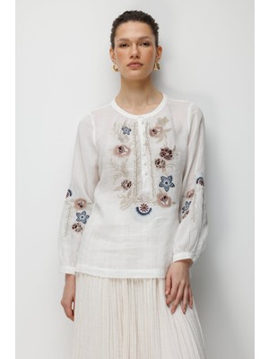 Ekol Kadın Çiçek Işlemeli Keten Bluz 2848 Ekru