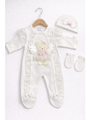 Kardeşler Bebe Dantelli Kanatlı Ayıcık Figürlü Kız Bebek Patikli Tulum Takımı