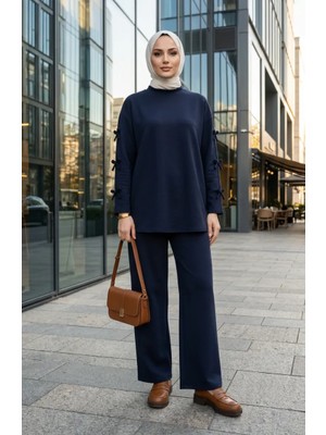 Kolları Fiyonklu Tunik Pantolon Ikili Takım 2246-04 Lacivert