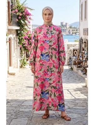 Kolu Lastikli Desenli Elbise 0249-04 Pembe Indigo