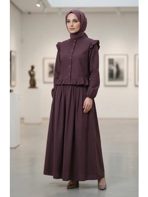 Fırfır Detaylı Önü Düğmeli Ikili Takım 0248-04 Mürdüm