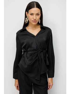 Ekol Kadın Beli Bağlamalı Büzgülü Bluz 2866 Siyah