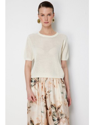 On Kadın Sıfır Yaka Fileli Bluz 79307 Ekru