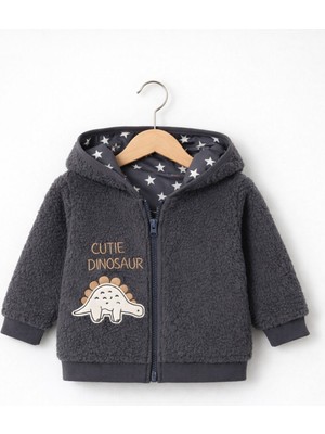 For My Baby Kapüşonlu Wellsoft Hırka Peluş Kumaşla Eğlenceli Dinozor Desenli