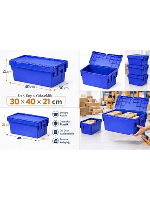 Aslan Plastik Palet 30*40*21 cm  Mavi Menteşe Kapaklı Plastik Kasa