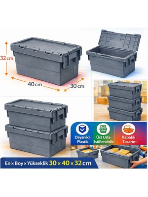 Aslan Plastik Palet 6lı 30*40*32 cm  Gri Menteşe Kapaklı Plastik Kasa
