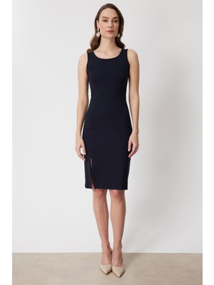 On Kadın Kalın Askılı Yırtmaçlı Midi Elbise 74348 Lacivert