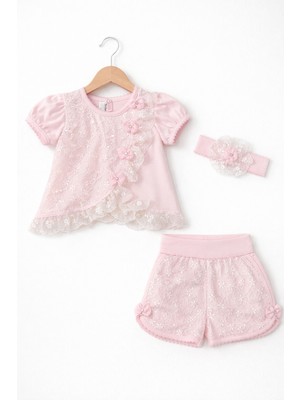 Kardeşler Bebe Kız Bebek Dantelli Şortlu Takım & Saç Bandı – 3’lü Pembe