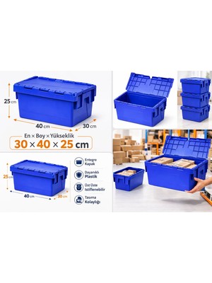 Aslan Plastik Palet 3lü 30*40*25 cm  Mavi Menteşe Kapaklı Plastik Kasa