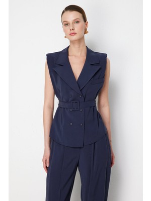 On Kadın Beli Kemerli Kruvaze Yelek 74908 Indigo