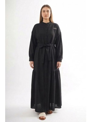 Ceremony Hakim Yaka Keten Uzun Elbise 703 Siyah