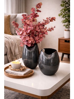 Velora Living Natura Flow Antrasit Seramik Vazo Seti – 2’li Dekoratif Vazo