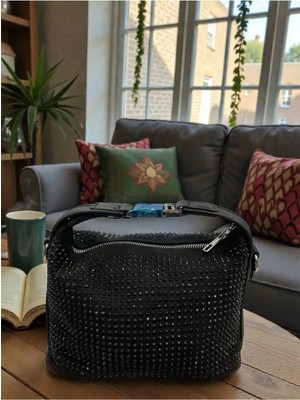 Taşlı Siyah Kadın El ve Omuz Çantası