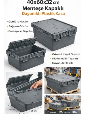 Aslan Plastik Palet 4lü 40*60*32 cm  Gri Menteşe Kapaklı Plastik Kasa