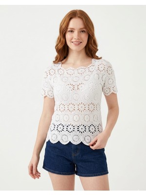 SSO Akdeniz Güneşi El Yapımı Ajurlu Motifli Beyaz Örgü Bluz