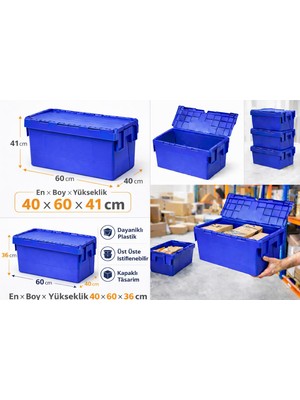 Aslan Plastik Palet 4lü 40*60*41 cm  Mavi Menteşe Kapaklı Plastik Kasa