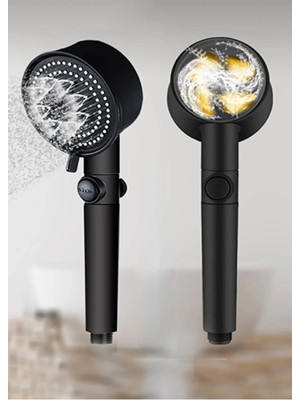  pervaneli turbo fanlı tazyikli duş başlığı döner başlıklı stop düğmeli su tasarruflu siyah