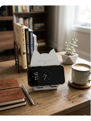 Ahşap kedi figürlü Telefon Tutacağı stand