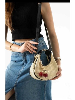 Kadın Kiraz Charm Hediyeli Hasır Omuz Çarpaz Çanta Siyah