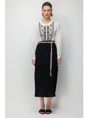 Ekol Kadın Süs Kemerli Pamuklu Maxi Etek 3908 Siyah