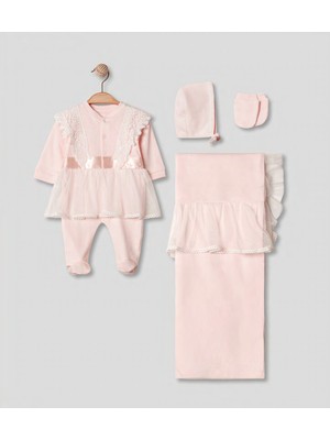 Pugi Baby Yenidoğan Kız Bebek Dantel Detaylı 4 Parça Hastane Çıkış Seti Tüllü Tulum,şapka,eldiven Battaniye