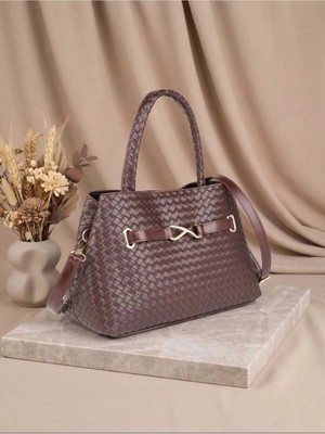 Kadın Örgü Desen Kemer Datay El ve Kol Çantası Kahverengi