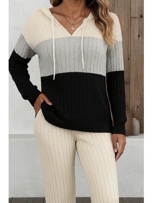 Civetta Kadın Uzun Kollu Kapşonlu Bağcıklı Blok Renkli Şardonlu Kaşkorse Bluz ve Pantolon Ikili Takım