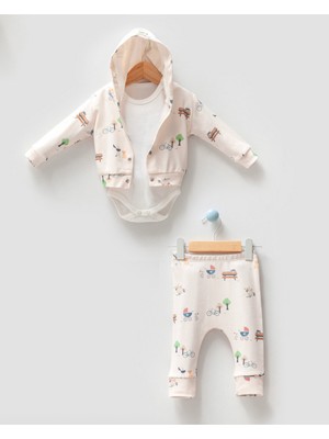 By Bubbles Piknik Desen Kapüşonlu 3'lü Bebek Takımı
