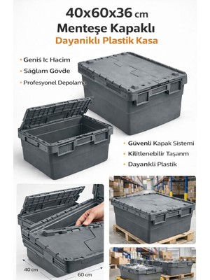 Aslan Plastik Palet 6lı 40*60*36 cm  Gri Menteşe Kapaklı Plastik Kasa