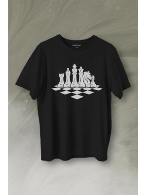 Feyza Design Satranç Temalı Siyah Unisex Tişört - Pamuklu Regular Kesim