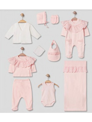 Pugi Baby Pembe Dantel Yaka 10 Parça Kız Bebek Hastane Çıkış Seti