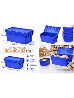 Aslan Plastik Palet 4lü 30*40*32 cm  Mavi Menteşe Kapaklı Plastik Kasa