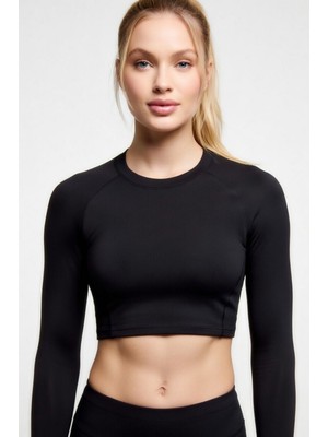 Flex Premium Siyah Uzun Kol Compression Kadın Crop T-Shirt Spor Büstiyer Bluz Yoga Pilates Fitness Koşu
