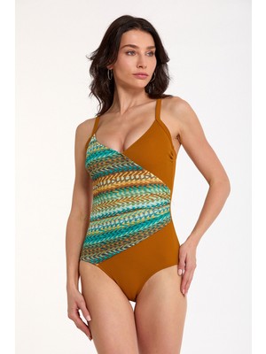 Argento Kadın Kahve Etnik Desenli Sabit Ince Kaplı Ayarlanabilir Askılı Toparlayıcı Kruvaze Mayo