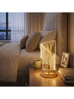 Özfırat Pvc Yapı Buffer® Çapraz Kavisli Kristal Simli LED Masa Lambası – Gold Gövdeli, Dokunmatik, 3 Kademe Işık Ayarlı Şarjlı Dekoratif Lamba